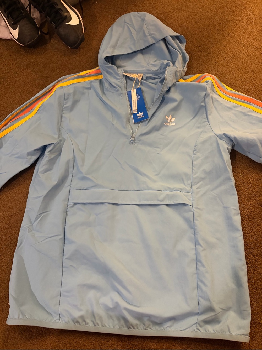 adidas Light Blue Kids Hooded Rain Pullover with Rainbow Stripes